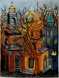 Boston Trees and Spires--Pen, ink and Colored Pencil